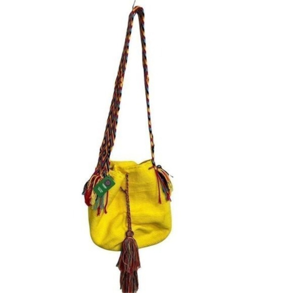 Wayuu Mochila Handcrafted Colombian Crochet Bucket Bag Yellow Boho Tassel